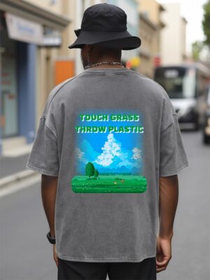 Touch Grass Oversized Tee with a pixel-art disc golf fairway scene on the back